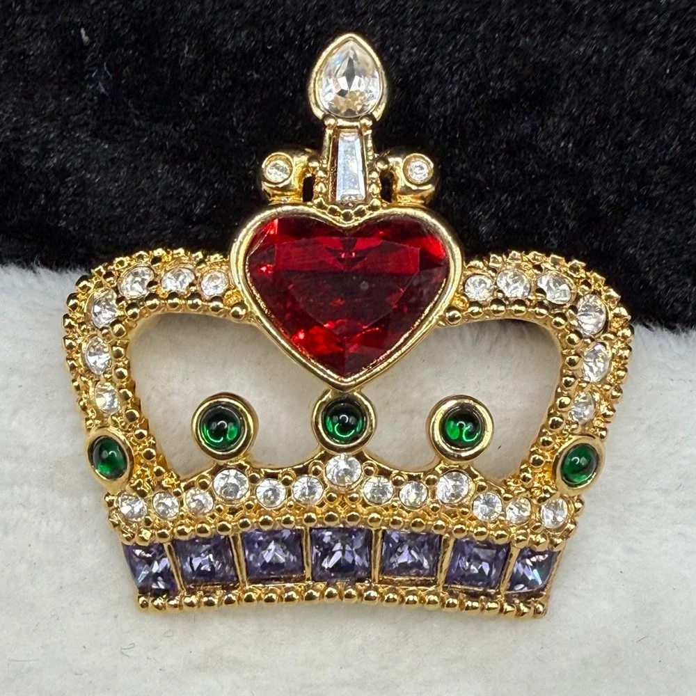 Vintage Swarovski Crown Brooch Gold Tone Heart Green Purple